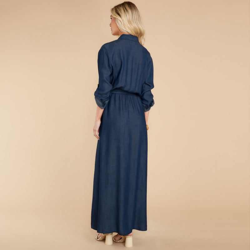 Fashion Long Sleeve Slit Denim Shirtdress Wholesale Maxi Dresses