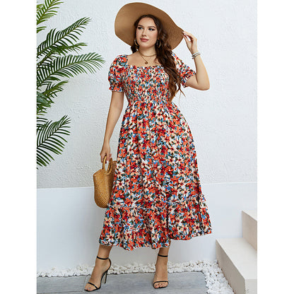 Wholesale Women'S Plus Size Clothing Pleated Floral Off-Shoulder Puff Sleeve Dress