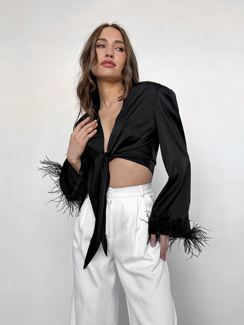 Feather Stitching Trumpet Sleeve Silk Satin Bandage Versatile Crop Tops Wholesale Women'S Tops