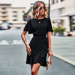 Summer Round Neck Solid Color Ruffled Wrap Dress Wholesale Dresses