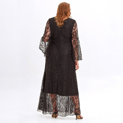 Elegant Lace Mesh Midi Dress V-Neck Long Sleeves Dresses Wholesale Plus Size Clothing