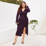 Slit Slim-Fitting Solid Color Long-Sleeve Pleated Curvy Dresses Wholesale Plus Size Clothing