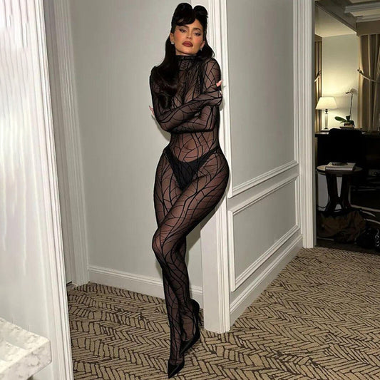 High Collar Long Sleeve Fashion Print Sexy Mesh See-Through Jumpsuit Wholesale Women'S Clothing