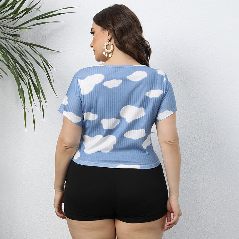 Wholesale Women'S Plus Size Clothing Ribbed Cloud Print Slim Fit Short Sleeve T-Shirt Crop Tops