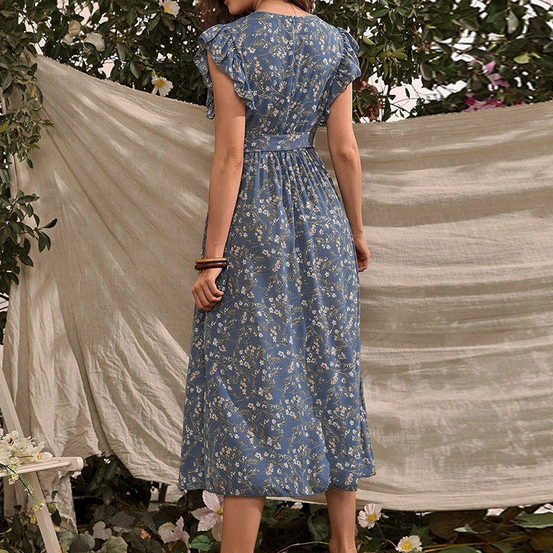 Design Sense Floral Print Ruffle Sleeve Elegant Long Dress Wholesale Dresses