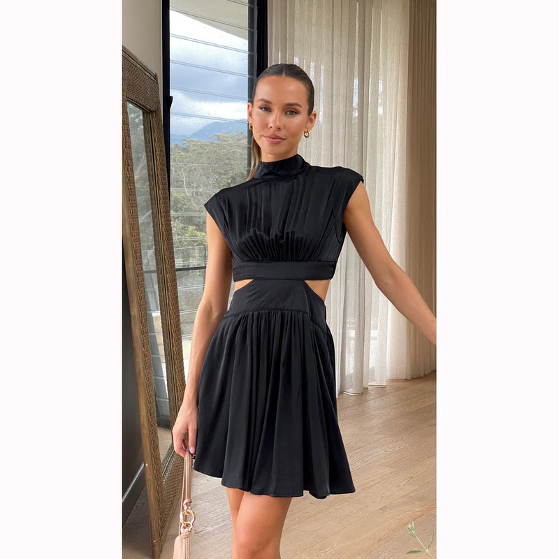 Solid Color Summer Hollow Waist Stand Collar Pleated Dress Wholesale Dresses