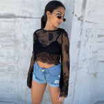 Sexy Hollow Out The Navel Long Sleeve Lace See-Through Top Wholesale Womens Tops