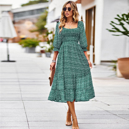 Printed High Waist 3/4 Sleeve Square Collar Flowy Dress Wholesale Dresses