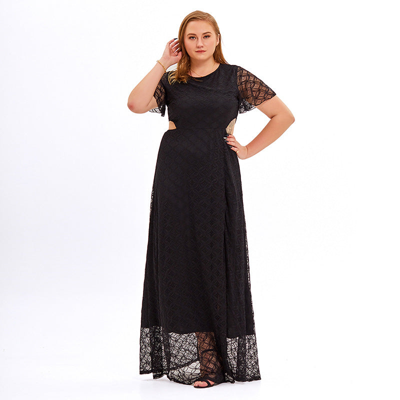 Sexy Cutout Lace Slit Maxi Dress Solid Color Short Sleeve Dresses Wholesale Plus Size Clothing