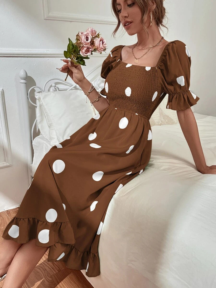 Polka Dot Print Square Neck Puff Sleeve Ruffle Midi Dress Wholesale Dresses