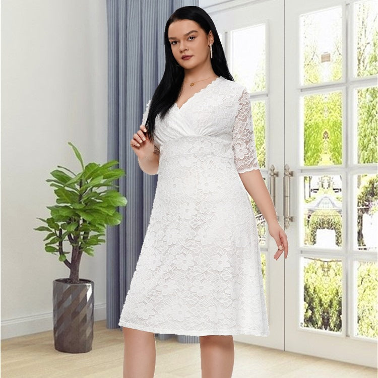 Wholesale Women'S Plus Size Clothing V Neck Slim Hollow Lace Solid Color Daily Banquet Dress