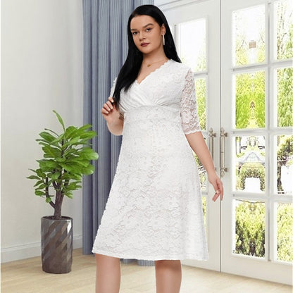 Wholesale Women'S Plus Size Clothing V Neck Slim Hollow Lace Solid Color Daily Banquet Dress