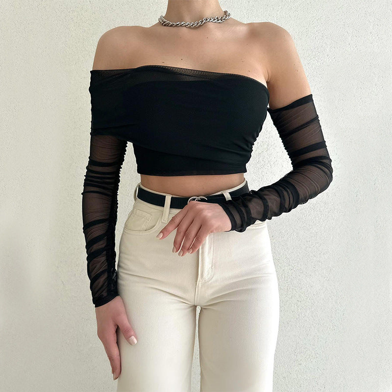 Sexy Solid Color One-Line Collar Strapless Long-Sleeved Wrap Top Wholesale Womens Tops