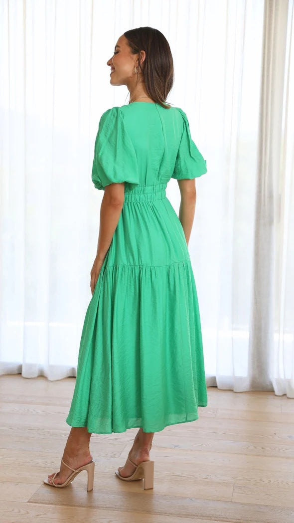 Solid Color Sexy Deep V-Neck Puff Sleeve Mid-Length Fashion Dress Wholesale Dresses