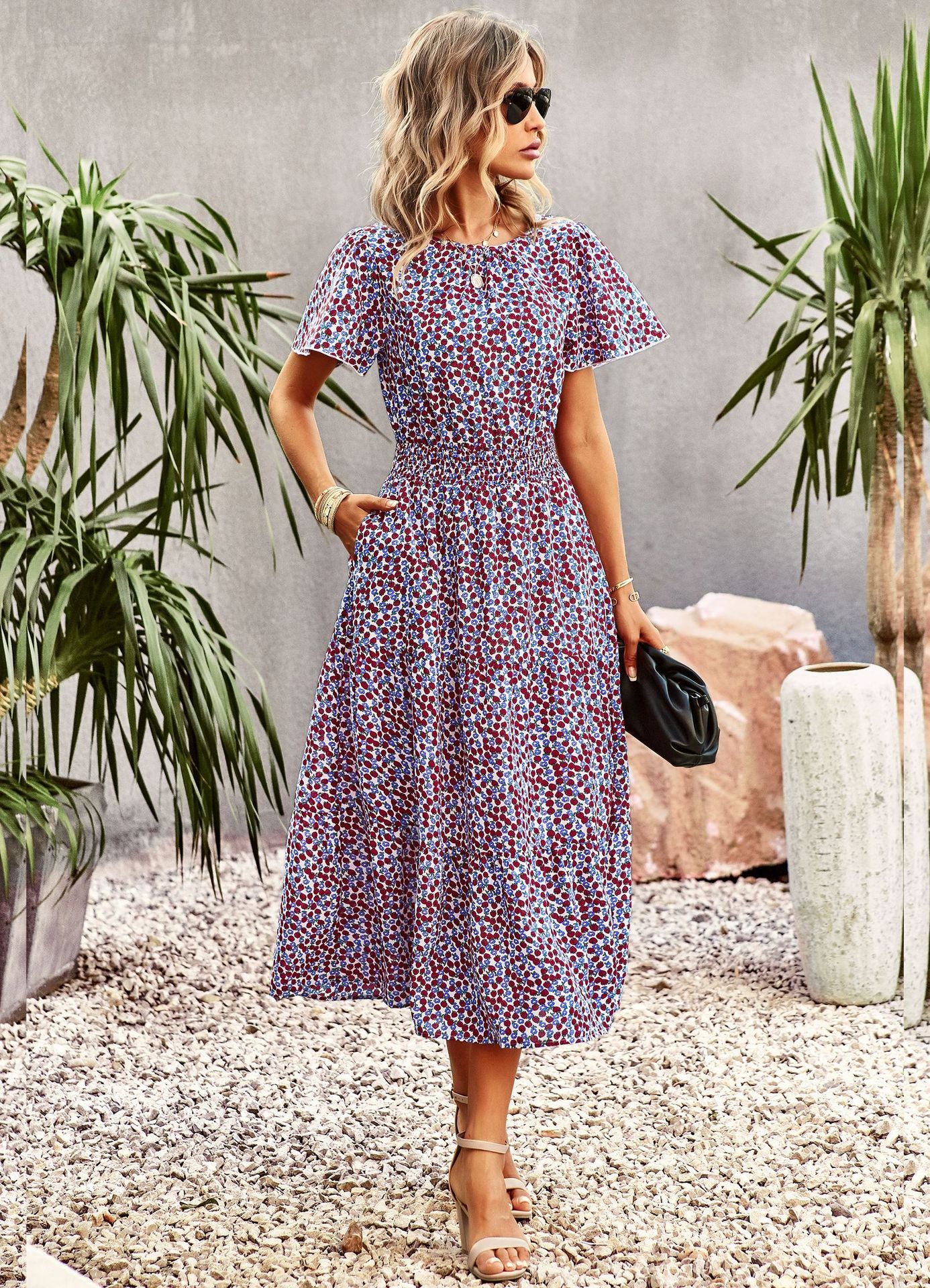 Summer Elegant Waist Short-Sleeved Long Floral Dress Wholesale Dresses