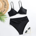 Sexy Solid Color Pleated Strap 2pcs Bikini Sets Vacation Split Swimsuit Wholesale Womens Swimwear