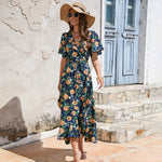 Floral Print Ruffled Short Sleeves Tie-Up Ruffle Flowy Dress Wholesale Maxi Dresses