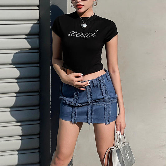 Hot Diamond Round Neck Slim Fit All-Match T-Shirt Crop Tops Wholesale Women'S Tops