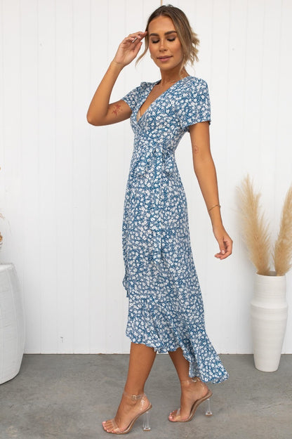 Printed Lace-Up V-Neck Short Sleeve Wrap Floral Dress Wholesale Maxi Dresses