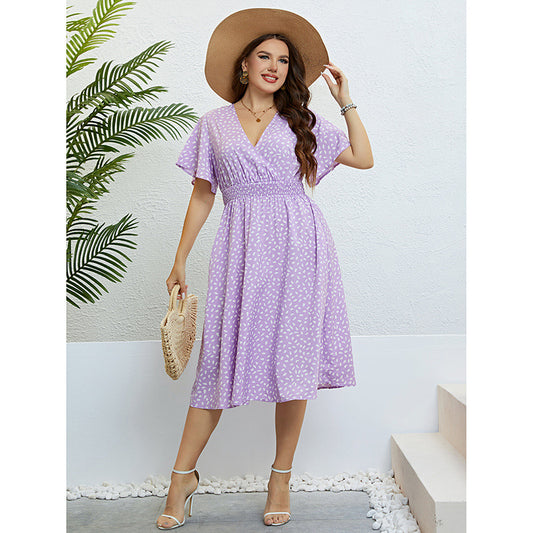 Wholesale Plus Size Clothing Casual Short-Sleeved V-Neck A-Line Dress