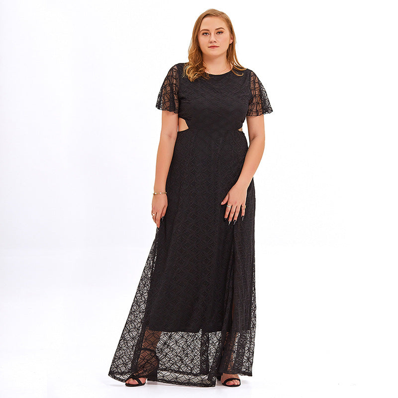 Sexy Cutout Lace Slit Maxi Dress Solid Color Short Sleeve Dresses Wholesale Plus Size Clothing