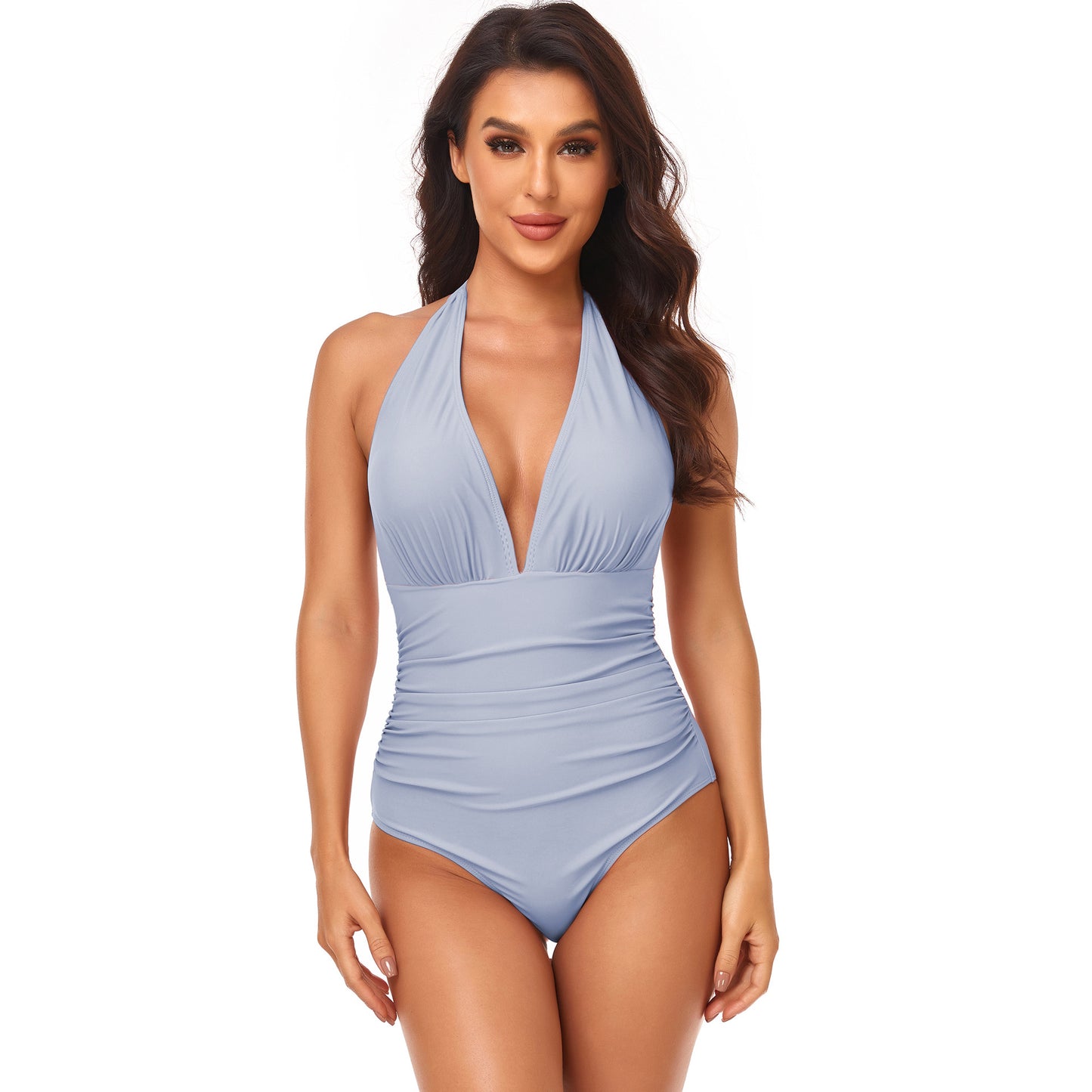 Triangle Solid Gathered Halter Neck One-Piece Swimsuit Wholesale Women'S Clothing