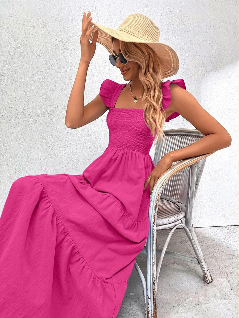 Square Neck Swing Solid Color Sling Frill Dress Wholesale Dresses