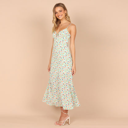 Fashion V-Neck Floral Print Sling Backless Long Chiffon Dress Wholesale Dresses