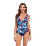 Floral Print Sexy V-Neck Side Drawstring Split Swimsuit Wholesale Womens Swimwear