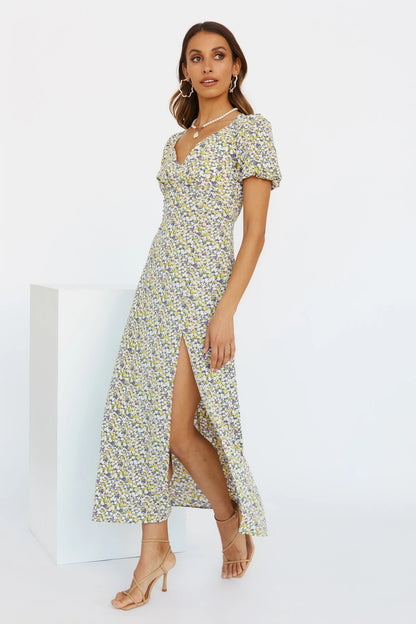 Sexy Puff Sleeve Floral Print Short Sleeve Slit Midi Dress Wholesale Dresses