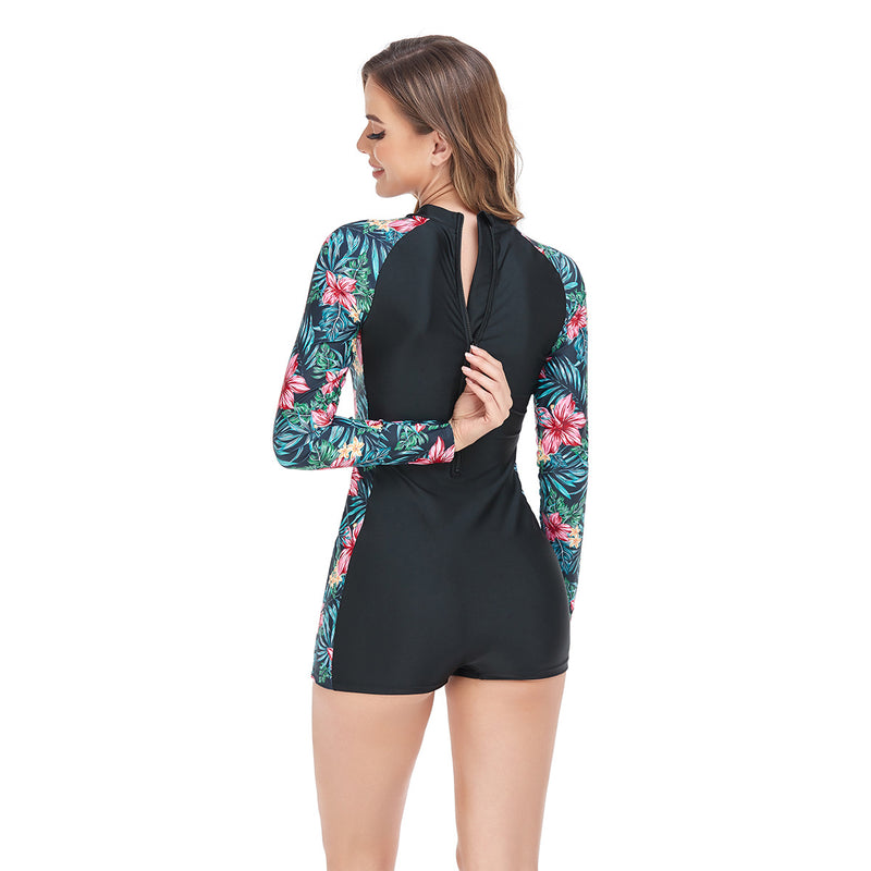 Zipper Flower Sleeve Sun Protection Surf One-Piece Swimsuit Wholesale Women'S Clothing