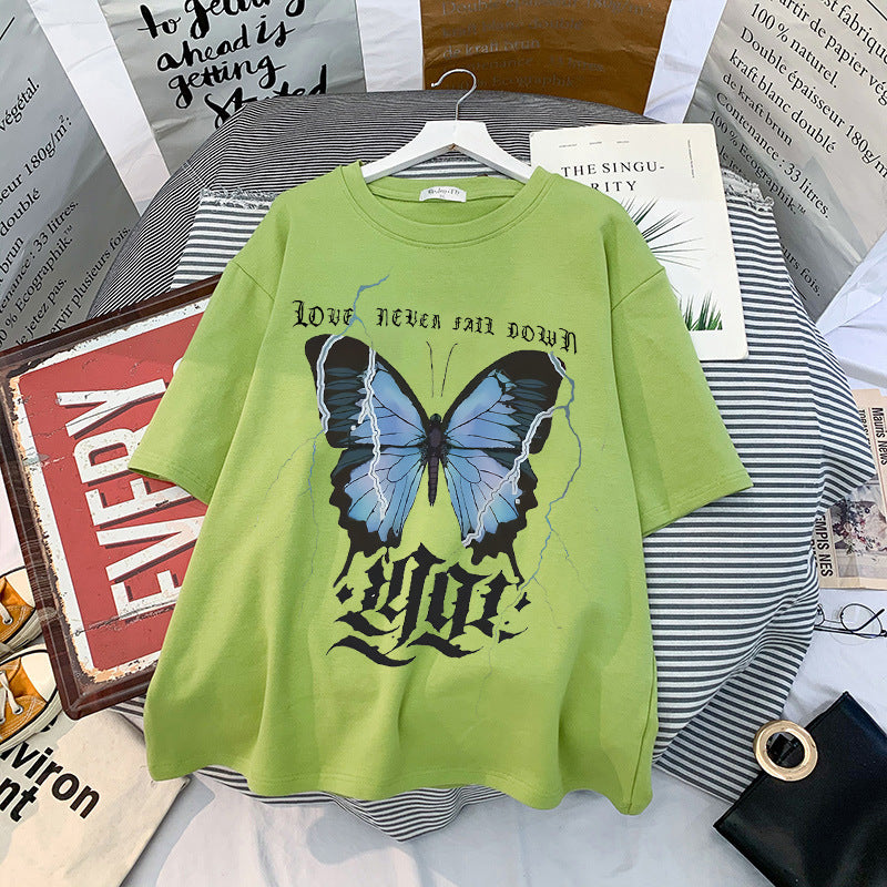 Fashion Butterfly Print Tops Loose Short Sleeve Crew Neck Womens T Shirts Wholesale