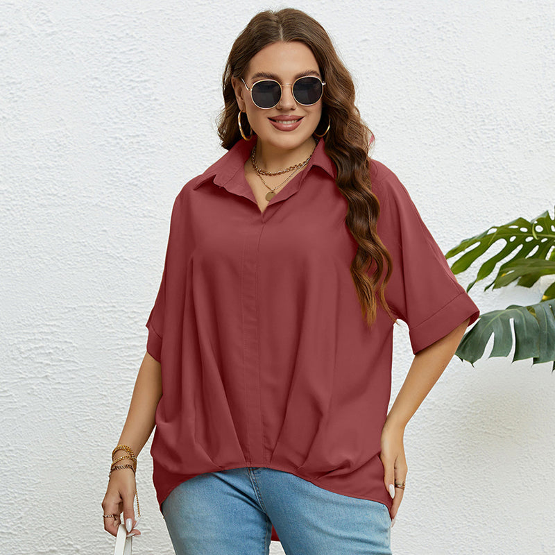 Wholesale Women'S Plus Size Clothing Lapel Collar Loose Solid Color Half Sleeve Top