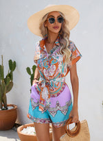 Fashion Printed Short-Sleeve Button Tie-Up Women Rompers Wholesale Jumpsuits