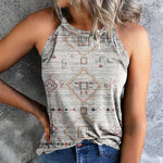 Casual Retro Print All-Match Halter Neck Sleeveless Tank Tops Wholesale Women'S Tops