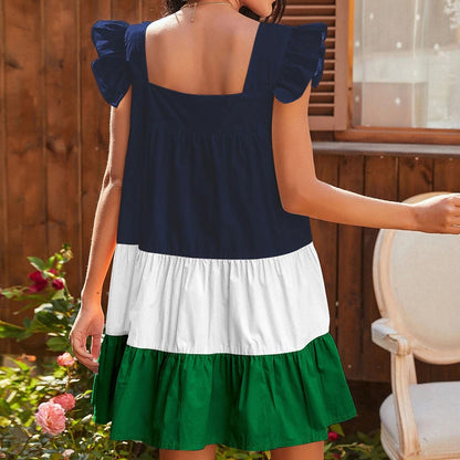 Colorblock Square Collar Frill Sleeve Summer Smocked Dress Wholesale Dresses