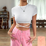 Fashion Solid Color Lace-Up Waist Ultra-Short T-Shirt Wholesale Womens Tops