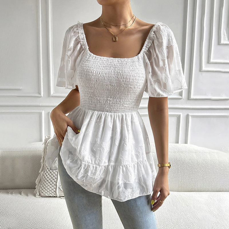 Pleated All-Match Square Collar Wraps Short-Sleeved Blouses Wholesale Women'S Tops