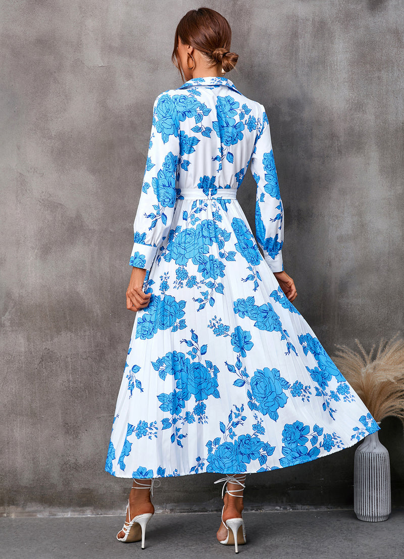 Floral Print Long Sleeve Tie-Up Lapel Swing Pleated Dress Wholesale Dresses