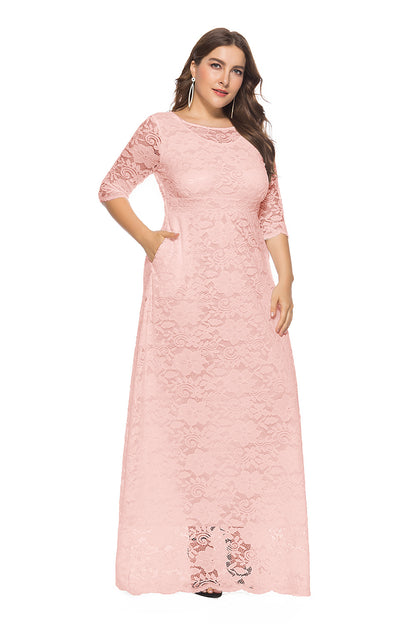 Sexy Hollow Lace Maxi Dress With Pockets Solid Color Long Sleeve Wholesale Plus Size Clothing