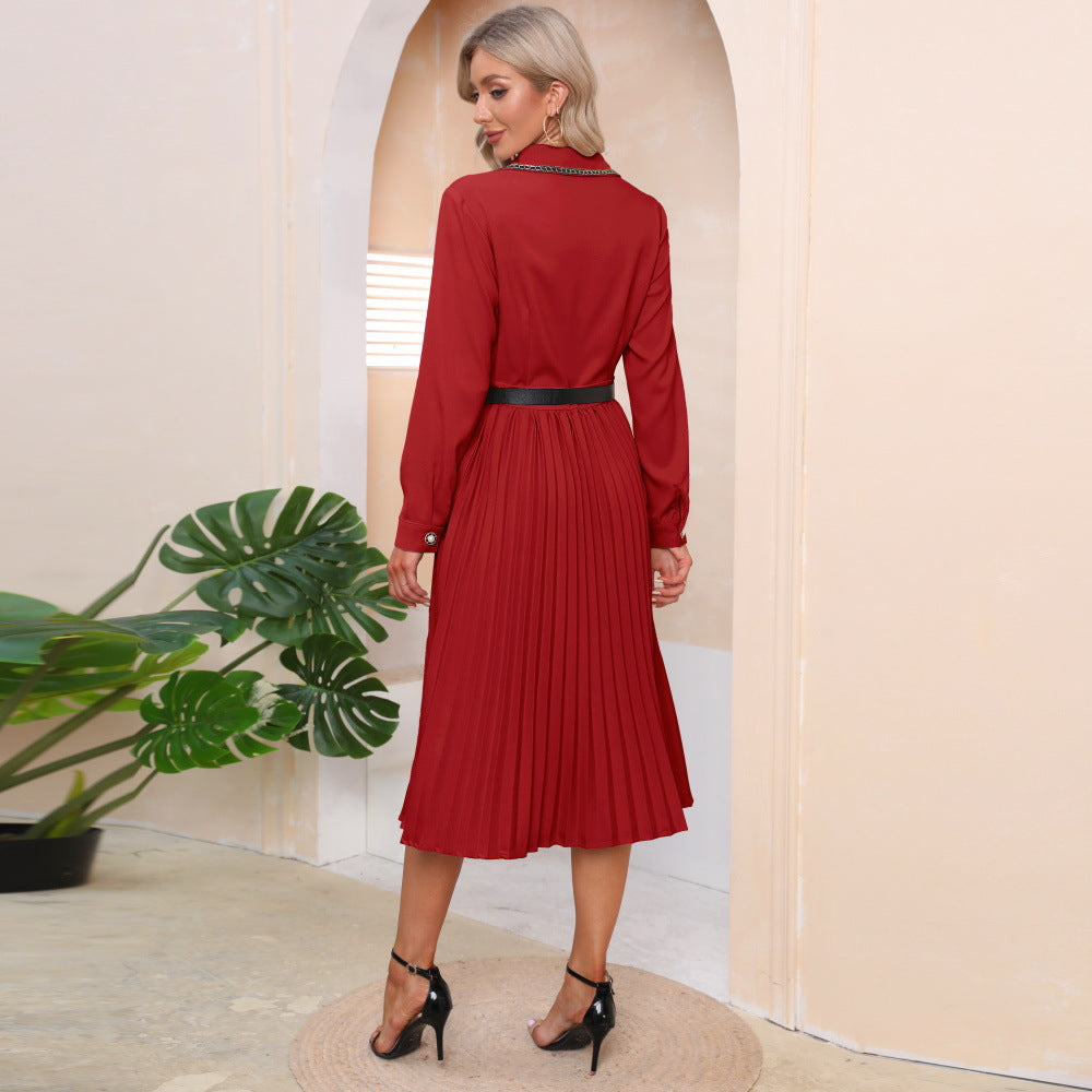 Long Sleeve Slim Fit Midi Pleated Shirtdress Wholesale Dresses With Belt