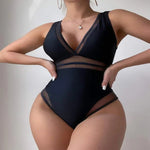 Low-Cut Triangle Solid-Color Mesh Stitching One-Piece Swimsuit Wholesale Women'S Clothing