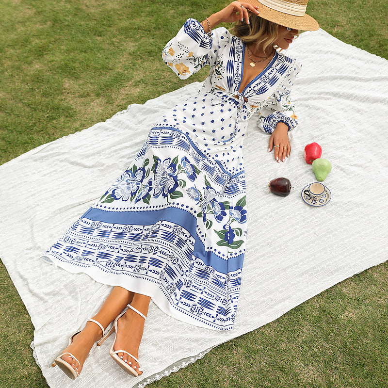 Fashion Printed Hollow Tie-Up Long Sleeve Vacation Bohemian Dress Wholesale Dresses