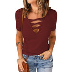 V-Neck Pullover Solid Color Short Sleeve T-Shirts Wholesale Womens Tops