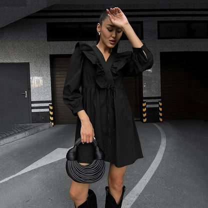 Temperament Long Sleeve A-Line Ruffled Black Dress Wholesale Dresses