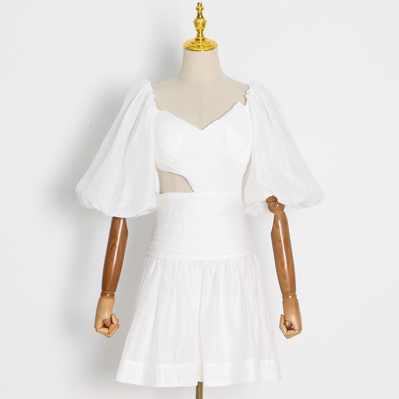 Bubble Sleeve Pleated Off Shoulder Short Hollow A-Line Dress Wholesale Dresses