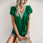 Short-Sleeved Commute Lace V-Neck Ruffled Shirt Wholesale Womens Tops