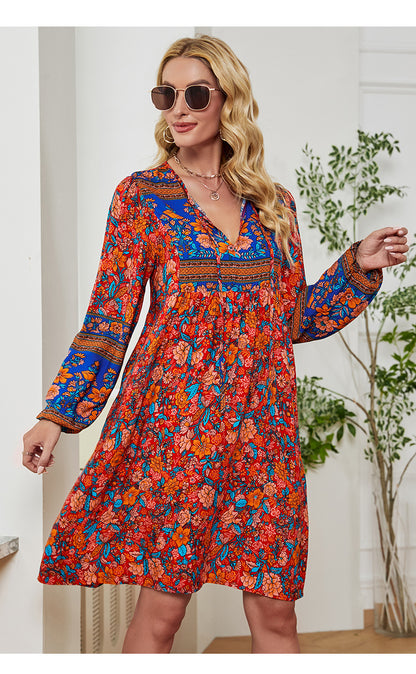 Printed Long Sleeve Loose Boho Dresses Wholesale Bohemian Dress For Women