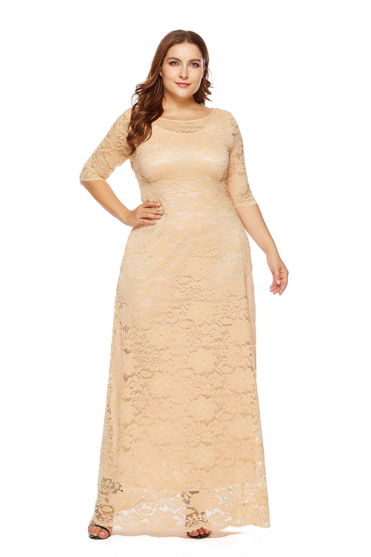 Sexy Hollow Lace Maxi Dress With Pockets Solid Color Long Sleeve Wholesale Plus Size Clothing