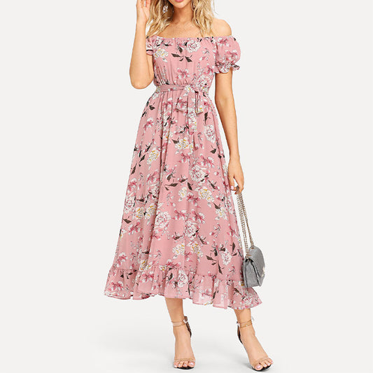 Casual One-Shoulder Floral Print Bubble Sleeve Chiffon Dress With Large Hem Wholesale Dresses